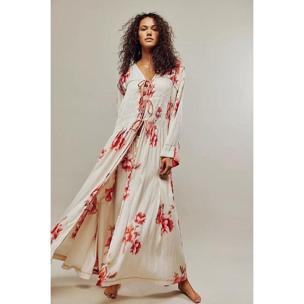 Free People Bright Blooms Maxi Robe M Boho Floral Tie Front Flowy Duster Kimono